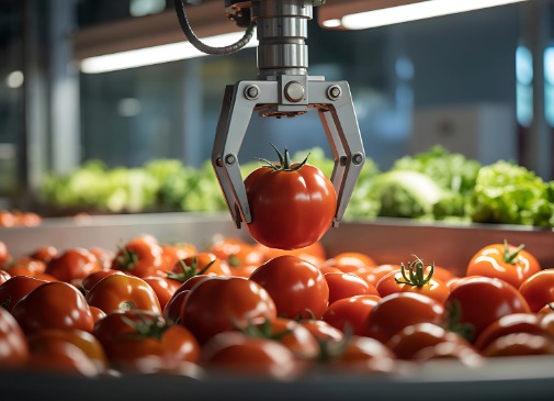 Industrie agroalimentaire, un bras trie les tomates dans un entrepot
